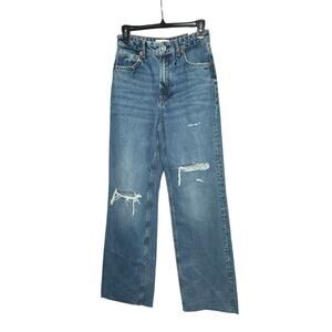 Zara High Rise Wide Leg Full Length Cotton Distressed Denim Jeans Size 4 New